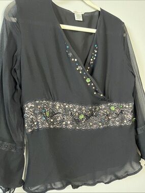 Malcolm & Co VTG Y2K black fairy grunge babydoll silk top lace beaded embroidery